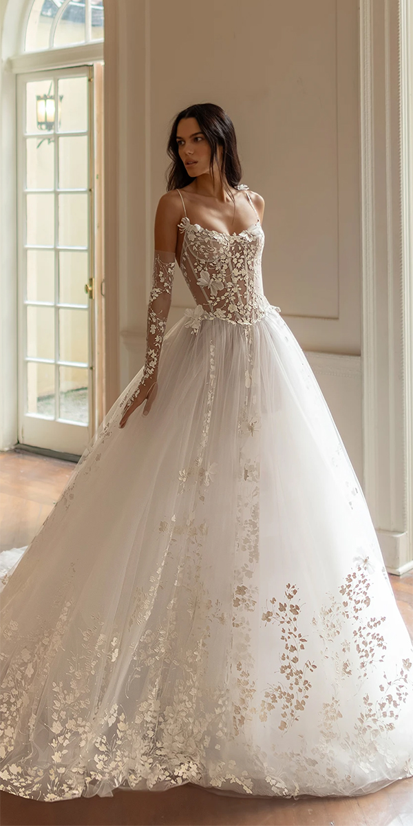 illusion long sleeve wedding dresses a line floral pninatornai