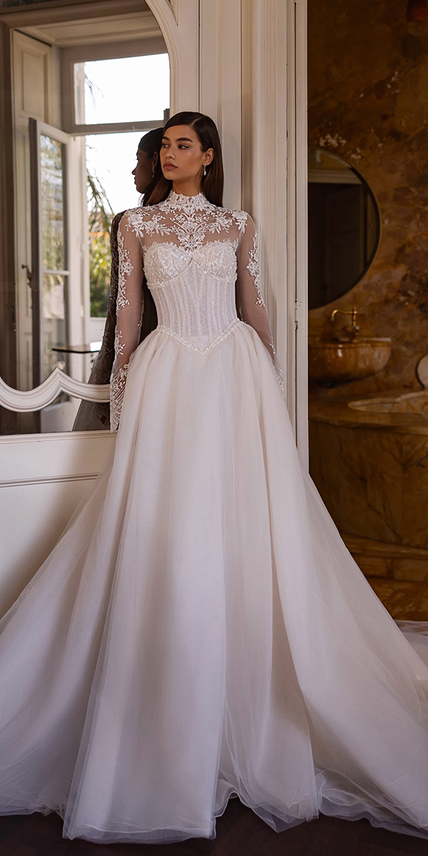 a line wedding dresses modest with long sleeves lace illusion neckline tinavalerdi