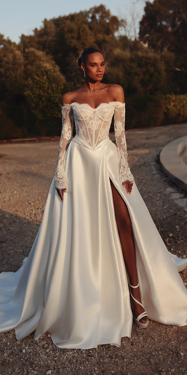 a line wedding dresses with sleeves off the shoulder lace pnina tornai