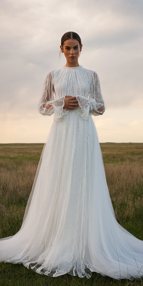 boho wedding dresses with sleeves lace modest a line country daalarna