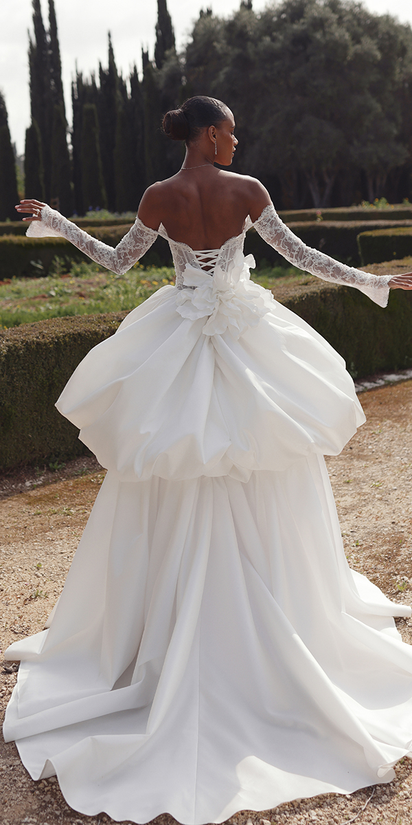 lace back wedding dresses with sleeves bow ruffled skirt pninatornai