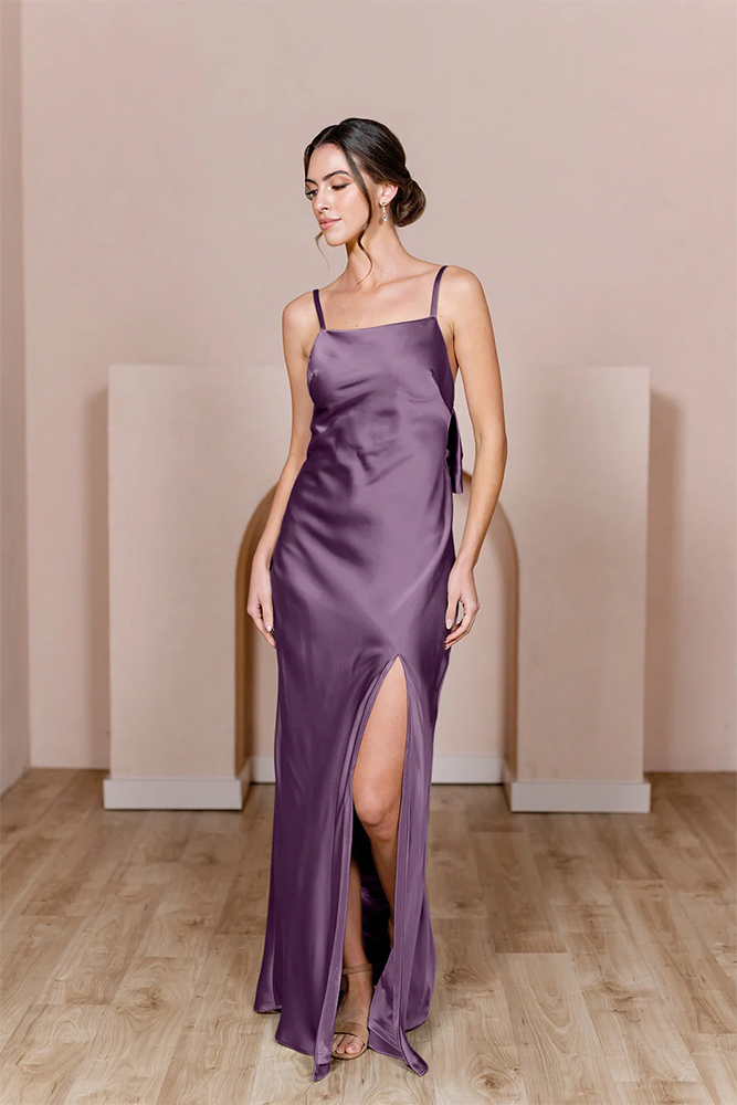 lavender bridesmaid dresses silk simple with spaghetti straps revelry