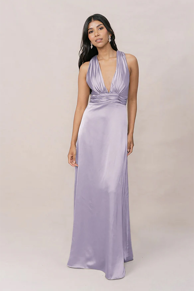 lavender bridesmaid dresses simple satin v neckline revelry
