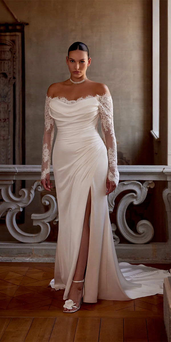 long sleeve wedding dresses sheath off the shoulder sleeves lace justinalexander