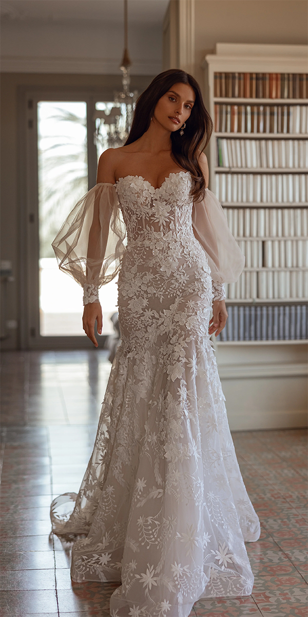 long sleeve wedding dresses sheath sweetheart strapless neckline floral appliques tinavalerdi
