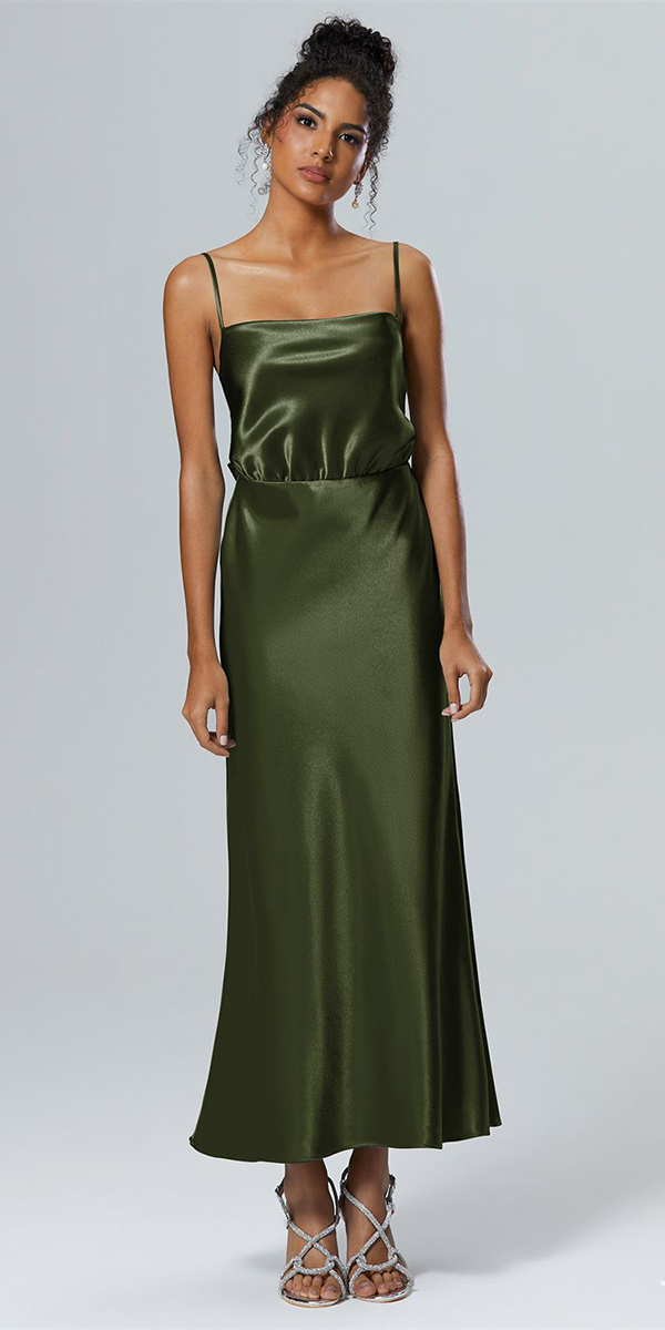 summer wedding guest green tea length with spaghetti straps awbridal