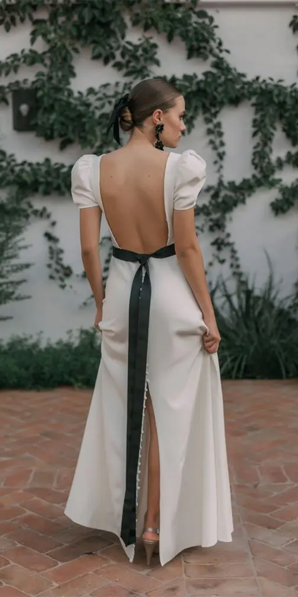 black and white wedding dresses sheath open back with cap sleeves mariabaraza