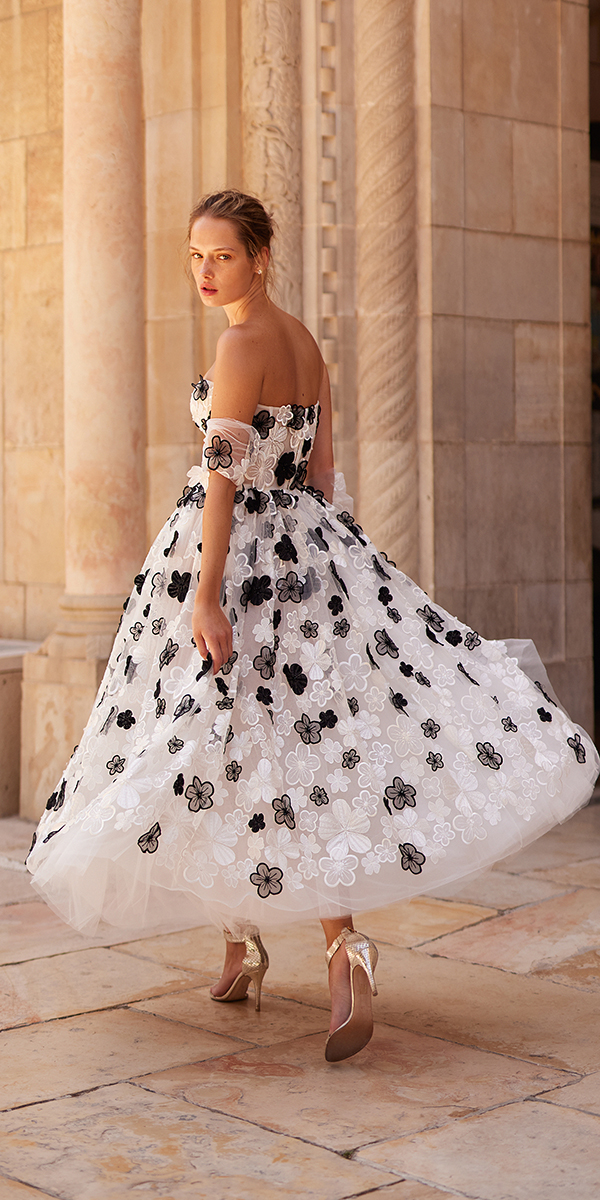black and white wedding dresses tea length off the shoulder aravapolak
