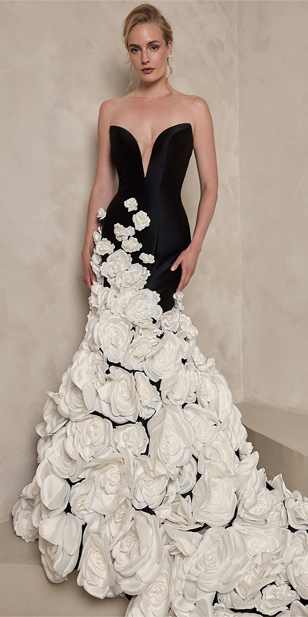 black wedding dresses strapless neckline with train floral appliques callablanche