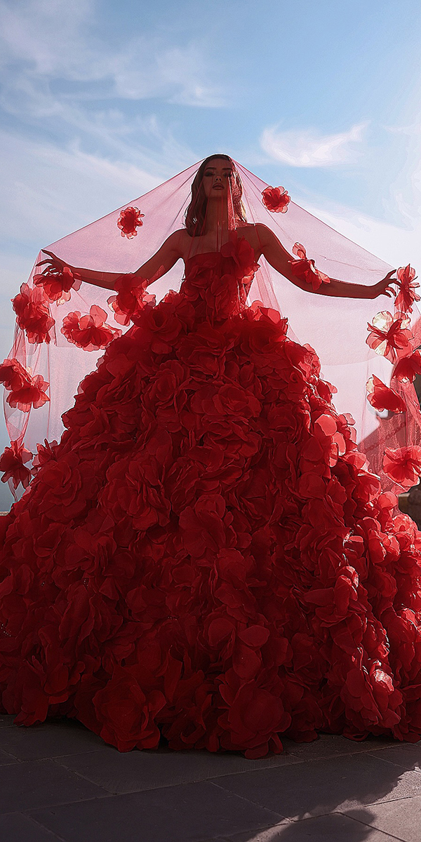 blood red wedding dresses floral pricess ball gown saidmhamad
