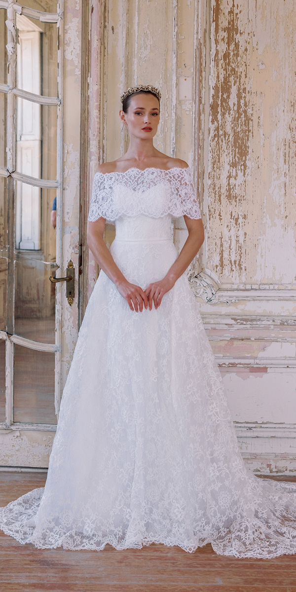 modest wedding dresses a line lace off thes shoulder sarehnouri