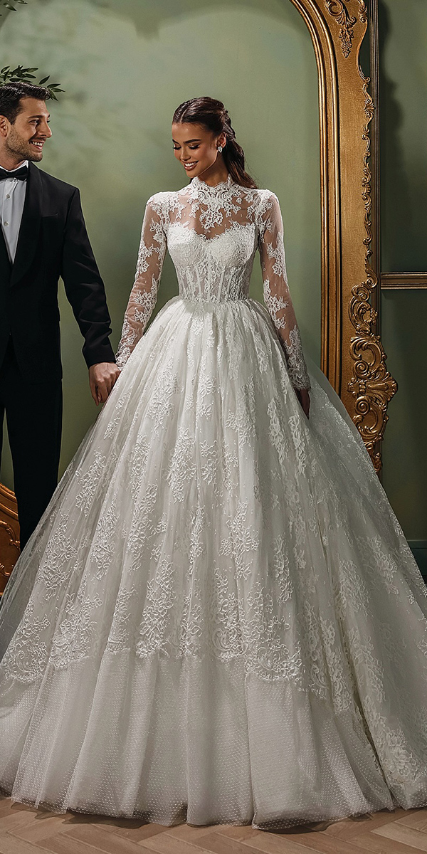 modest wedding dresses ball gown with long sleeves illusion neckline lace said