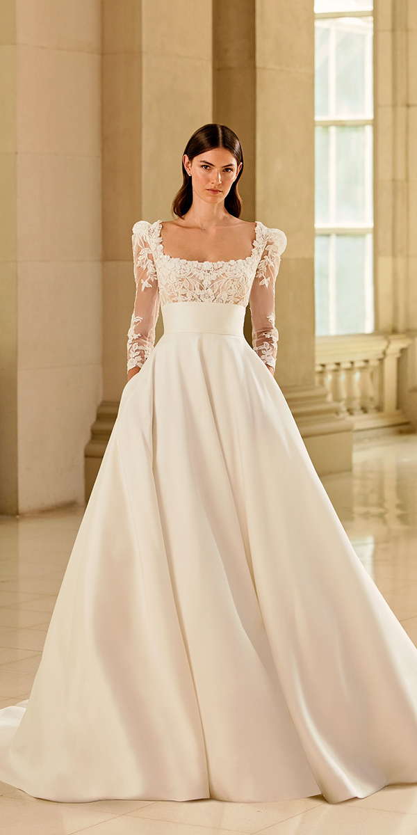 modest wedding dresses square neckline lace long sleeves stpatric