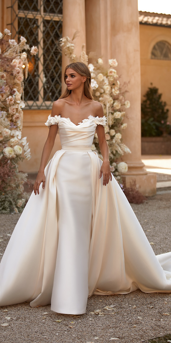 silk wedding dresses simple off the shoulder with overskirt millanova