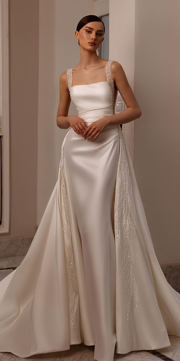 silk wedding dresses simple square neckline with overskirt royaldi