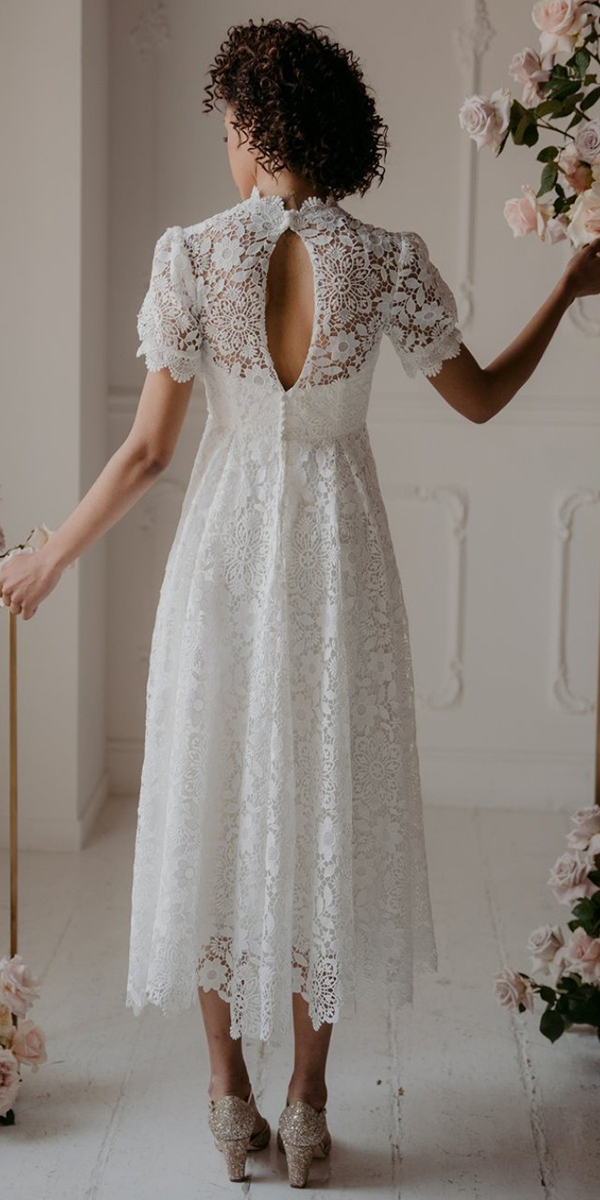 tea length wedding dresses lace open back with cap sleeves manzatonadia