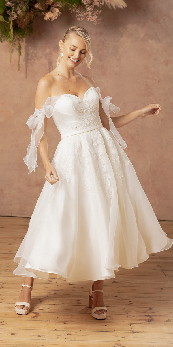tea length wedding dresses off the shoulder lace sweetheart neckline truebride