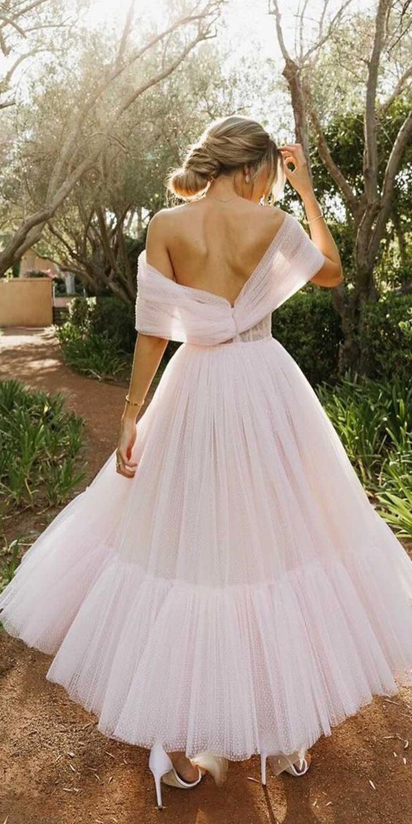 tea length wedding dresses tulle off the shoulder simple berta