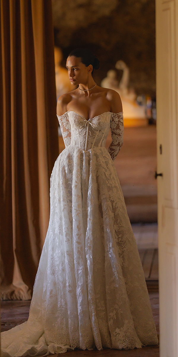 floral wedding dresses with long sleeves off the shoulder wonaconcept