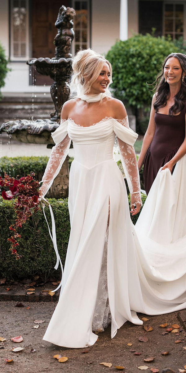 long sleeve wedding dresses a line lace off the shoulder evalendel
