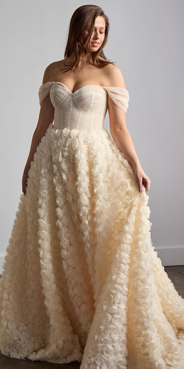 plus size wedding dresses ivory floral appliques off the shoulder rebeccaschoneveld