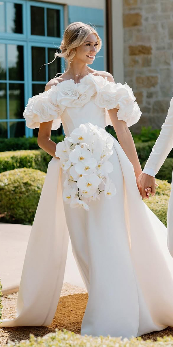 simple wedding dresses floral off the shoulder with overskirt evalendel