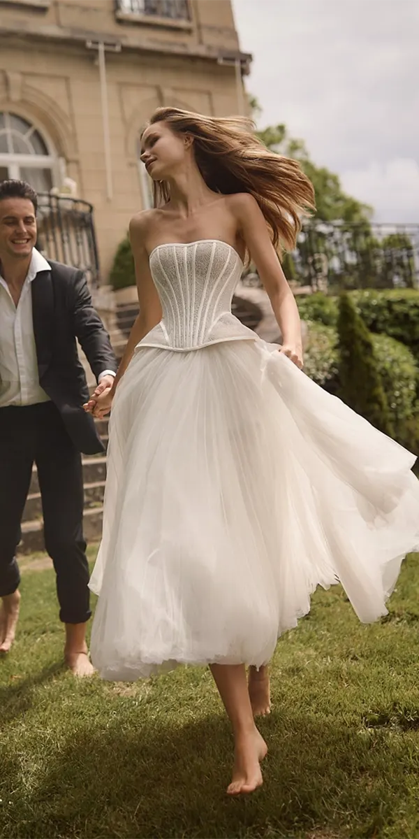 tea length wedding dresses strapless neckline evalendel