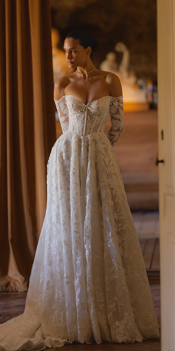 wona concept wedding dresses a line with long sleeves floral sweetheart neckline
