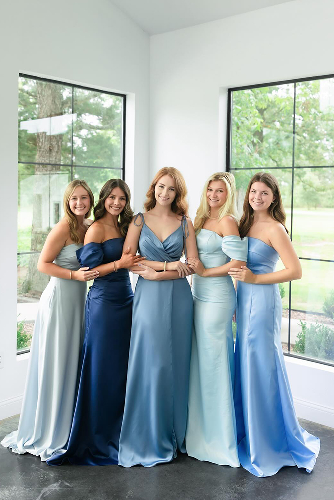blue bridesmaid dresses simple long morilee