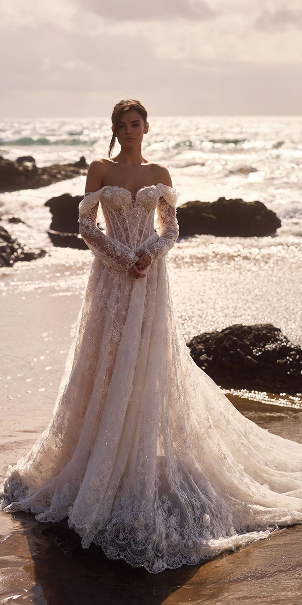 lace beach wedding dresses a line with long sleeves milla