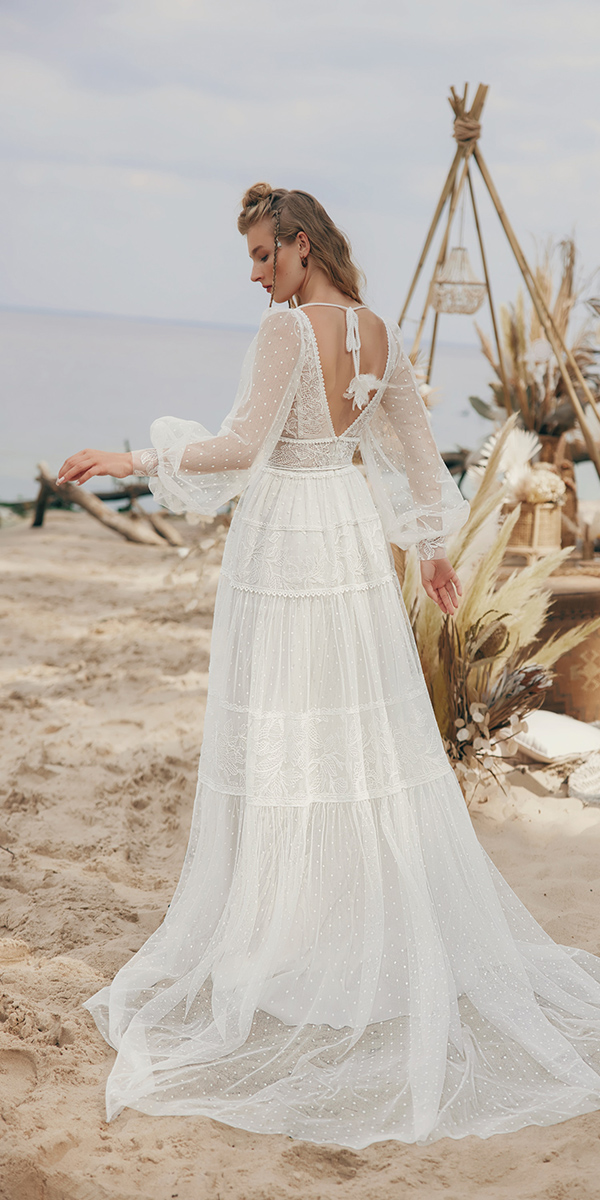open back wedding dresses boho a line with sleeves ariamo