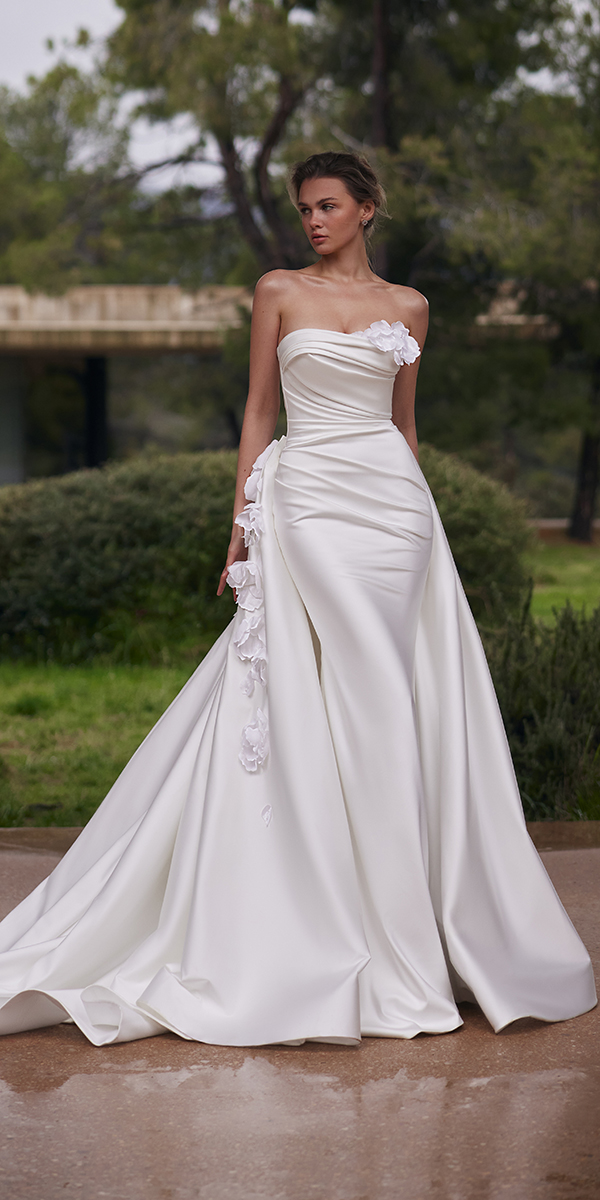 silk wedding dresses simple with overskirt strapless neckline evalendel