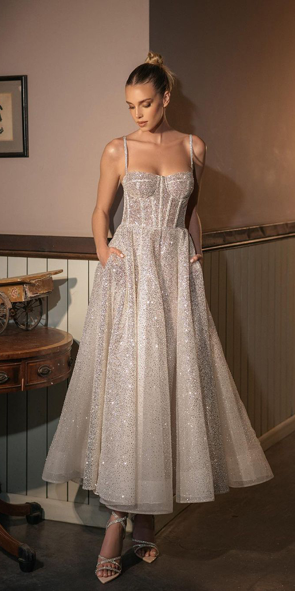 tea length wedding dresses sexy beach with spaghetti straps sequins berta