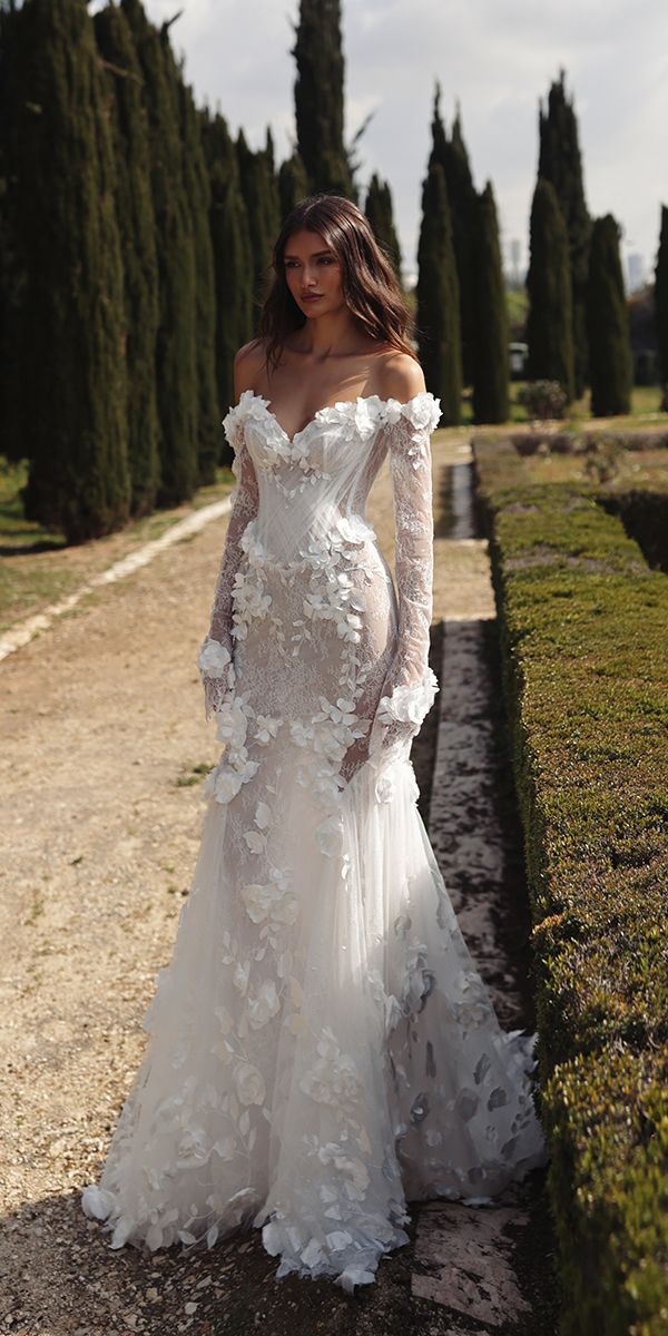 trendy wedding dresses fit and flare with sleeves floral pnina tornai
