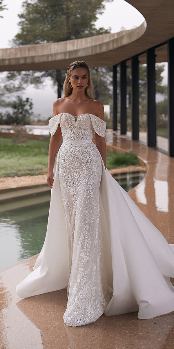 trendy wedding dresses sheath with overskirt floral lace evalendel