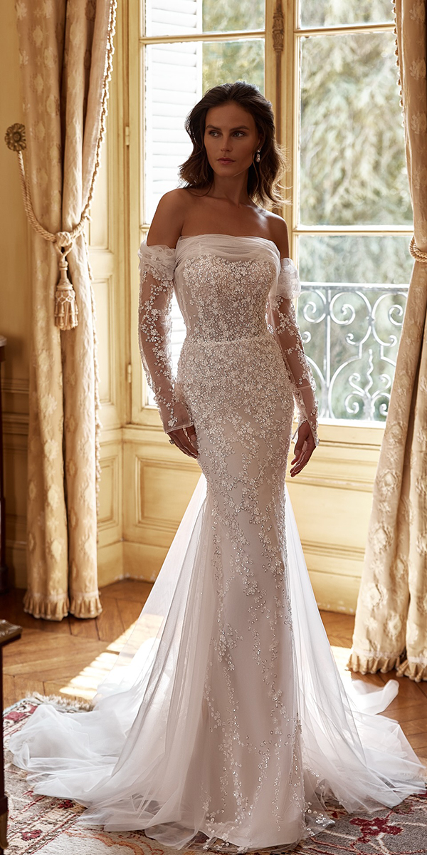 trendy wedding dresses with long sleeves off the shoulder annemariie