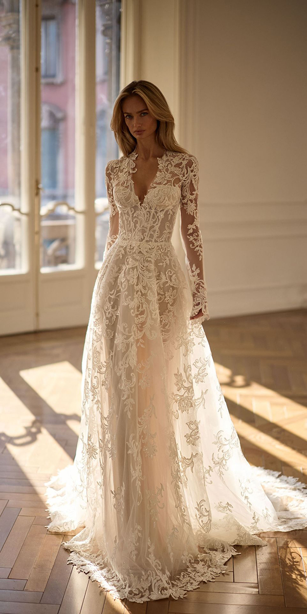 long sleeve wedding dresses a line lace v neckline millanova
