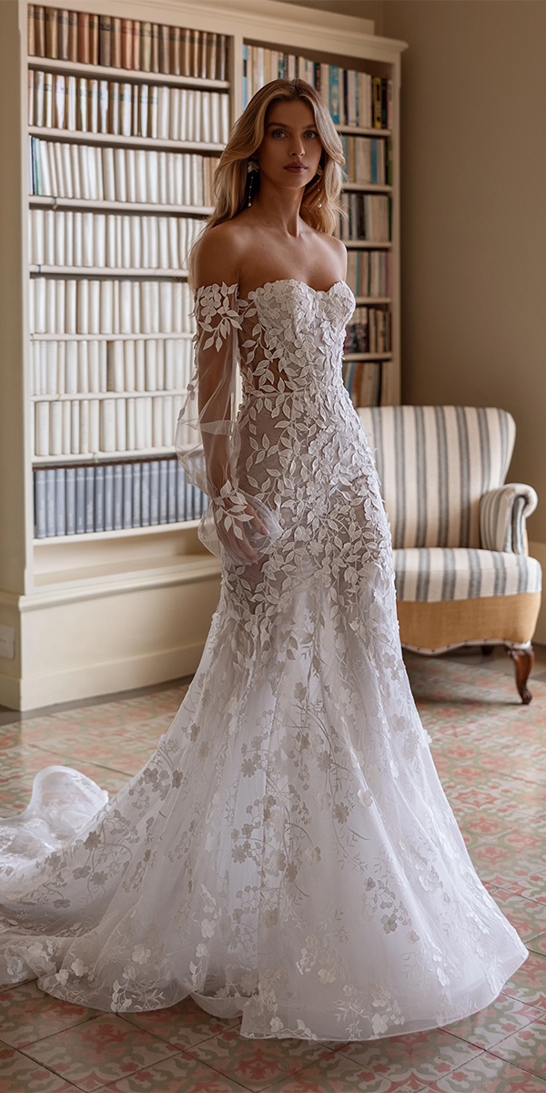 long sleeve wedding dresses off the shoulder puff sleeves floral tinavalerdi