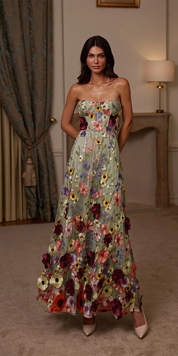 wedding guest dresses for spring floral appliques strapless neckline alamourthelabel