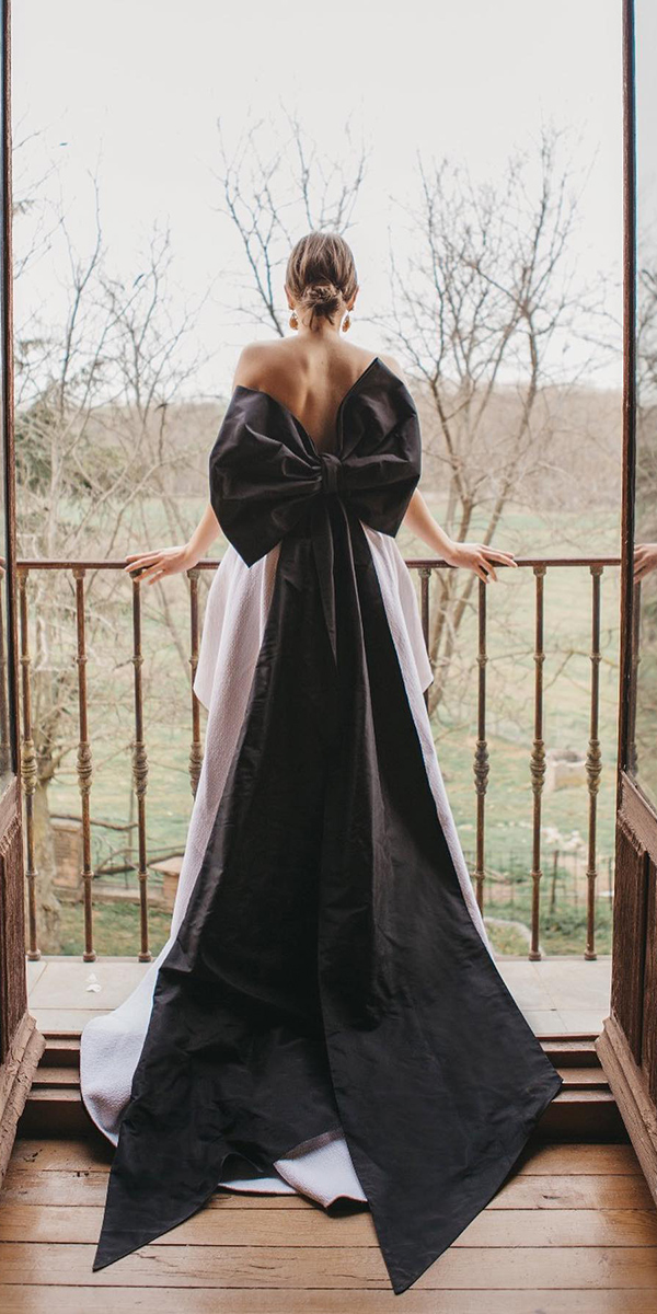 black and white wedding dresses with black bow simple aliciaruedaatelier