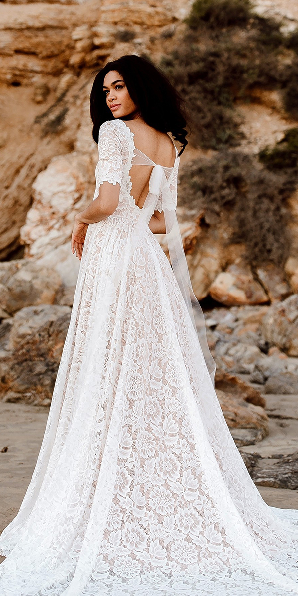 bohemian wedding dresses a line lace low back with cap sleeves wearyoulove