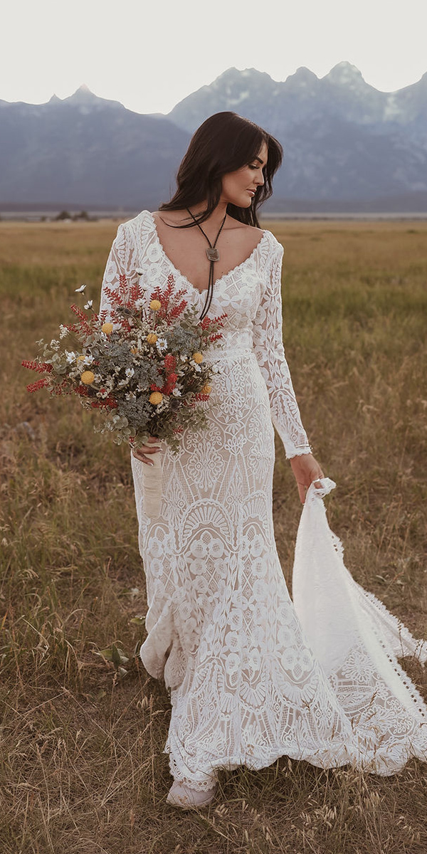 bohemian wedding dresses sheath with long sleeves lace dreamersandlovers