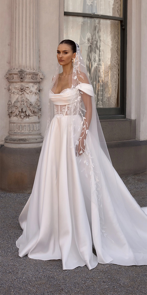 silk wedding dresses a line off the shoulder corset campbell