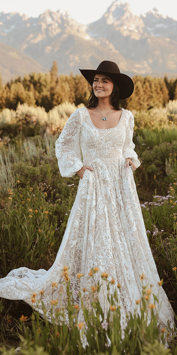 western wedding dresses a line with long sleeves floral lace dreamers and lovers