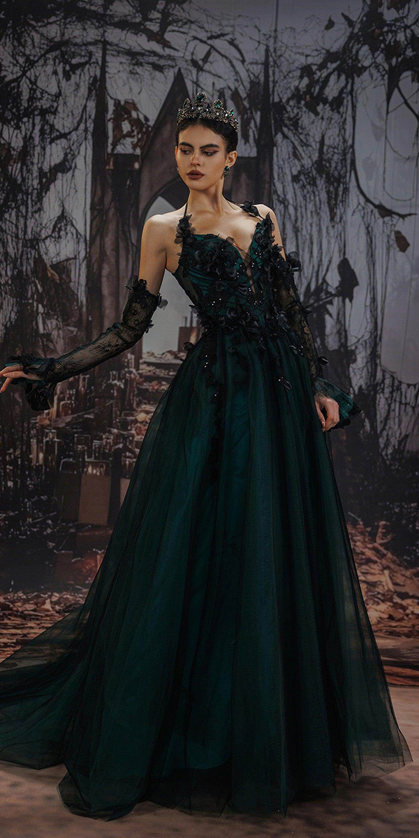 black wedding dresses a line green with 3d floral cocomelody