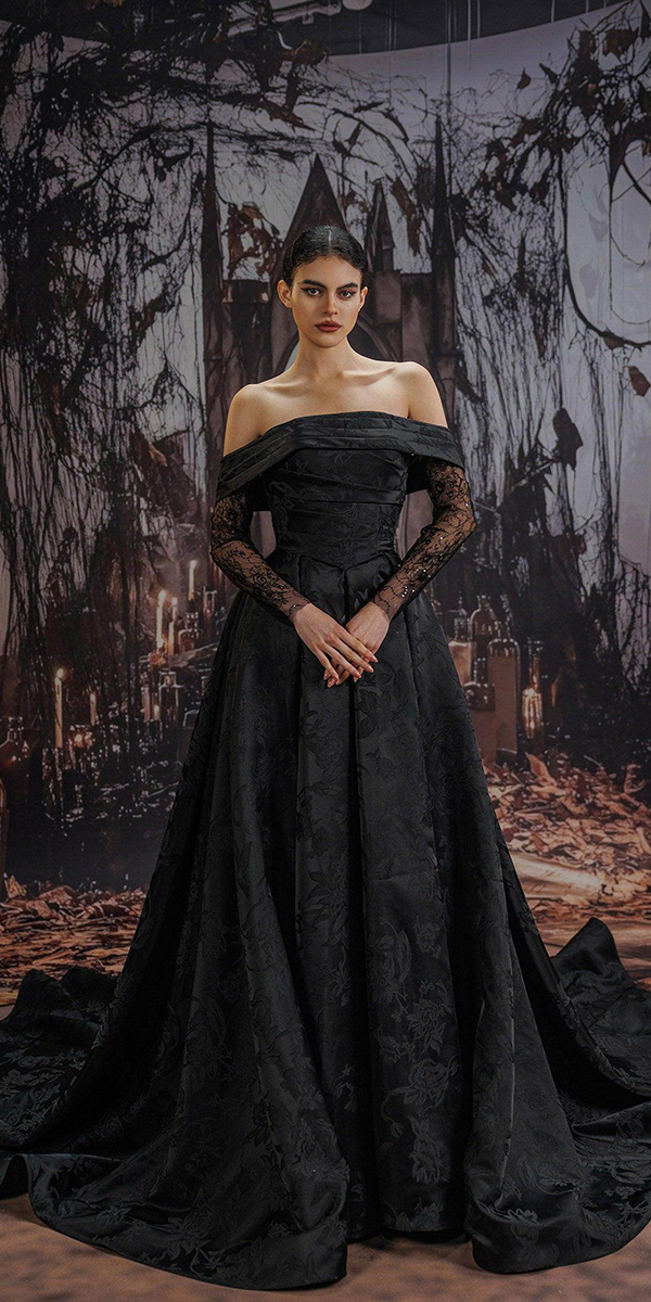 black wedding dresses a line with long sleeves lace off the shoulder cocomelody
