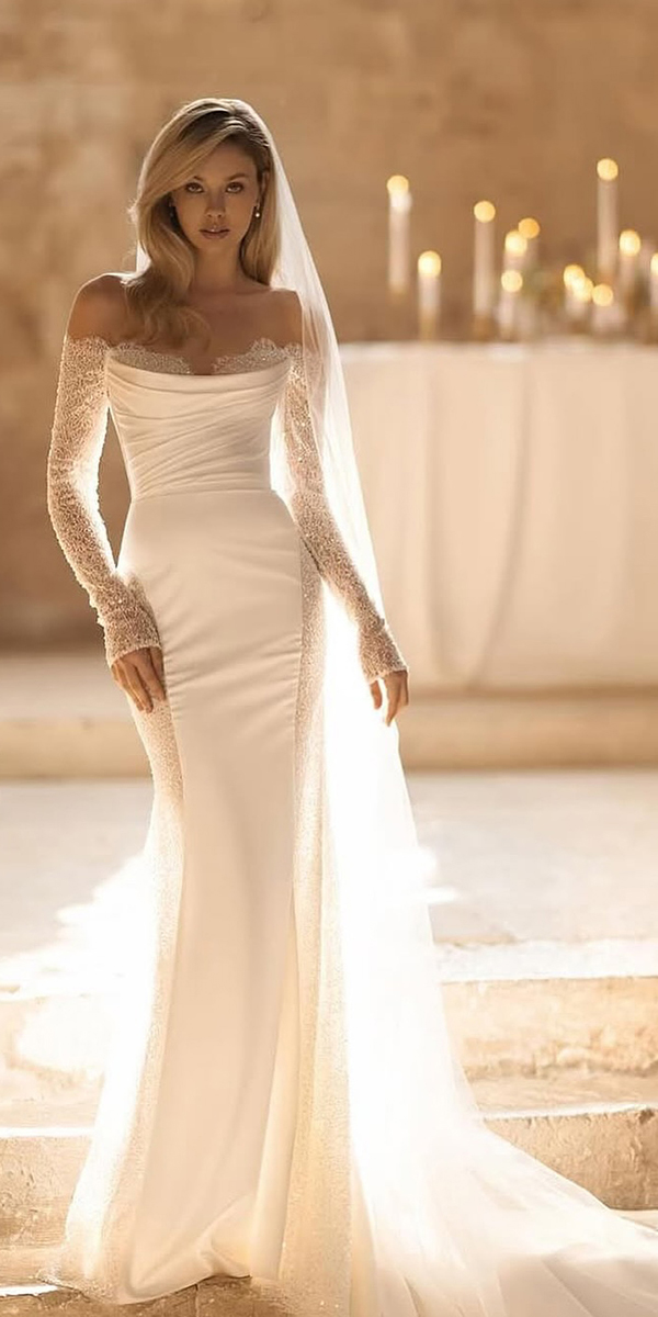 eva lendel top wedding dresses sheath with long sleeves off the shoulder
