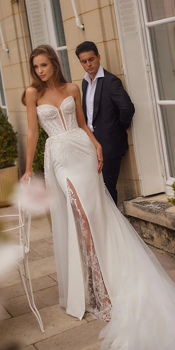 eva lendel top wedding dresses sheath with slit strapless neckline