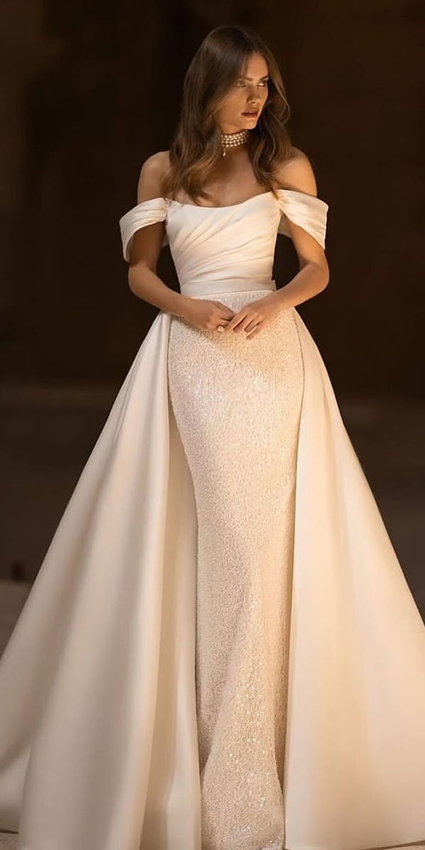 eva lendel top wedding dresses simple off the shoulder with overskirt