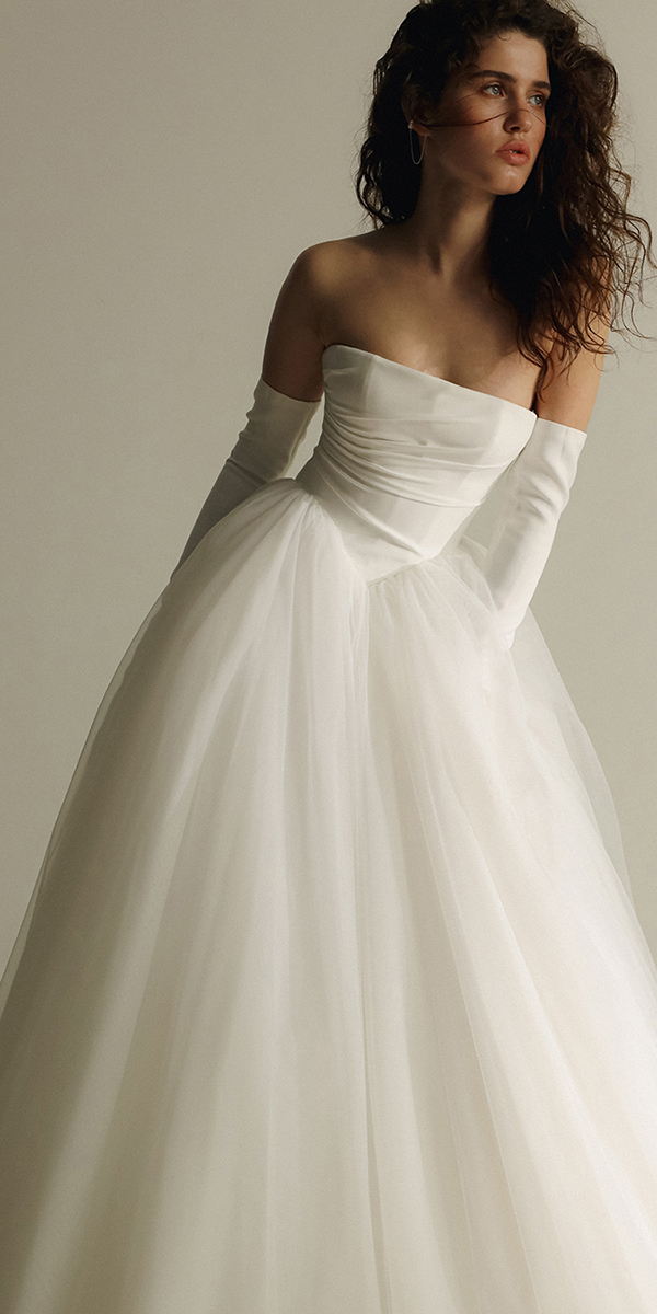 eva lendel wedding dresses simple strapless neckline gloves